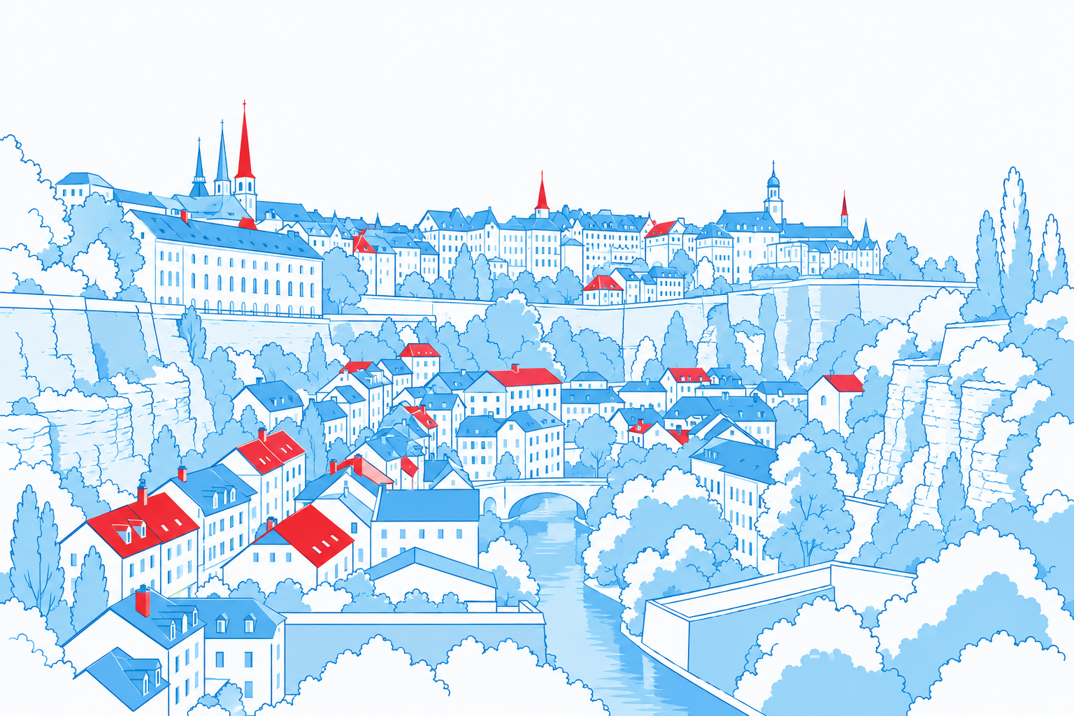 Luxembourg City and Grund in blue and red architectural contours